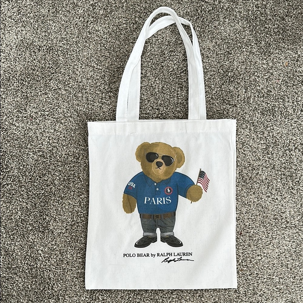 Paris Polo Bear by Ralph Lauren White Canvas Tote with Bear Design NWOT
